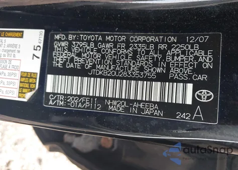 2008 Toyota Prius из США, поврежденный, VIN JTDKB20U283353755